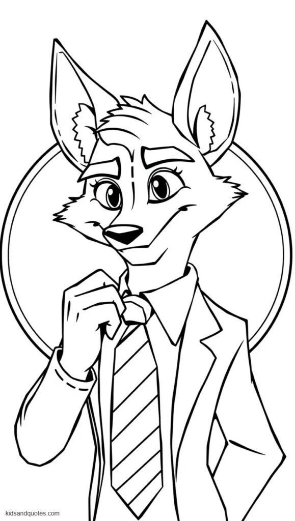 Printable coloring page of waist-up portrait of Nick Wilde with raised eyebrows, half-lidded eyes and his recognizable clever smirk. 