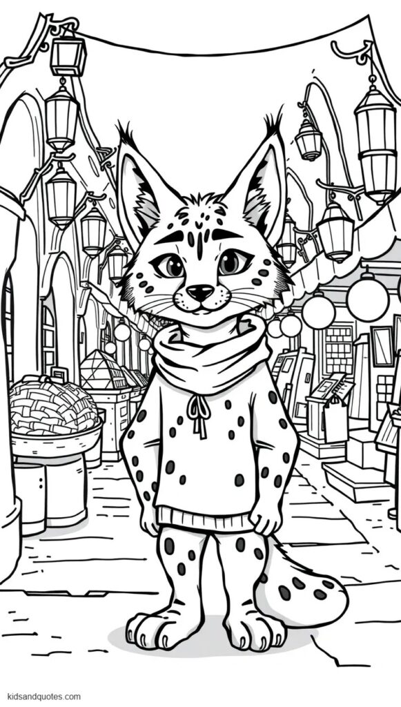 Coloring page of Pawbert Lynxley, an awkward young lynx, standing in Marsh Market surrounded by curved walkways, hanging lanterns and waterside market stalls.