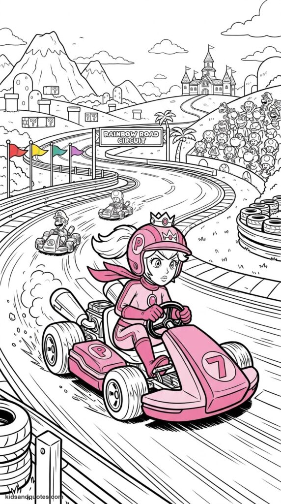 Coloring page of Peach racing in her kart.