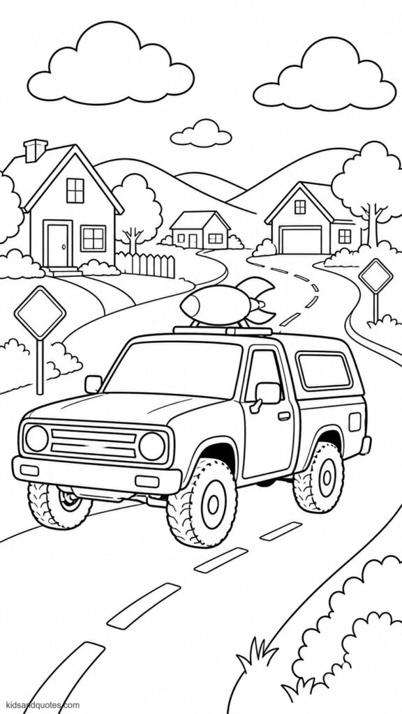 Coloring page: Pizza planet truck adventure.