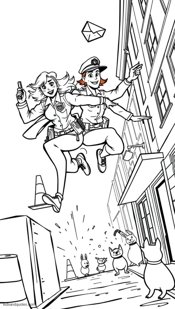 Coloring page of Judy and Nick leaping over a low obstacle during an exciting police chase.