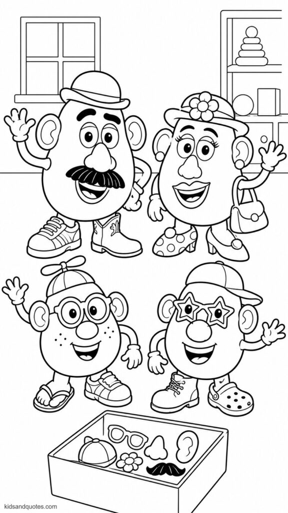 Coloring page of Potato Head family.