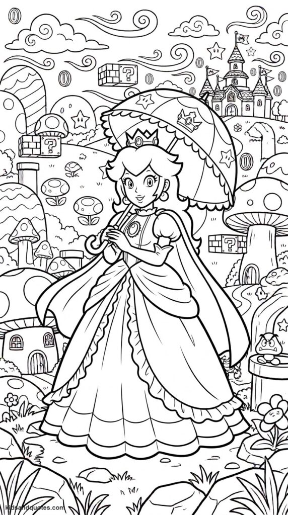 Coloring page PDF of Princess Peach standing with umbrella.