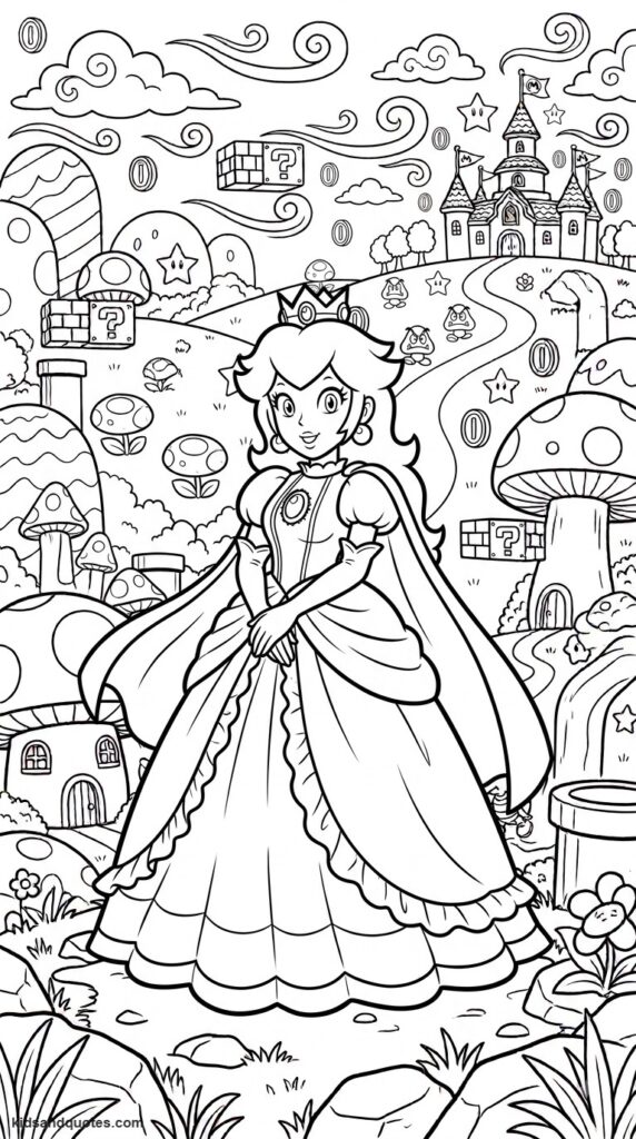 Coloring page of Princess Peach posing in her flowing gown.