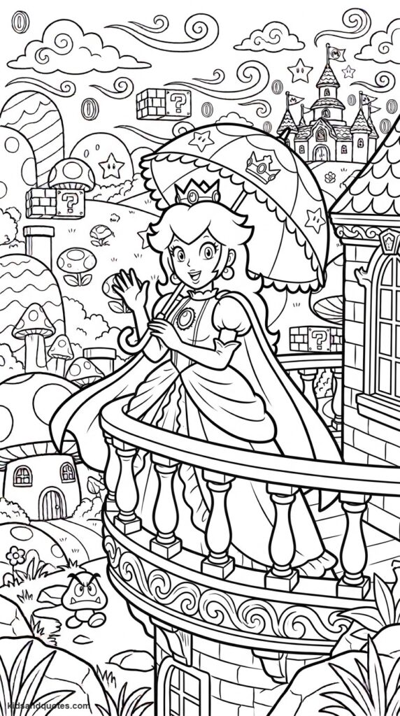 Coloring page of Princess Peach waving from Castle balcony.