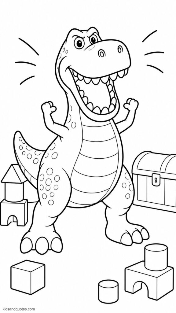Coloring page of Rex practicing his fierce roar.