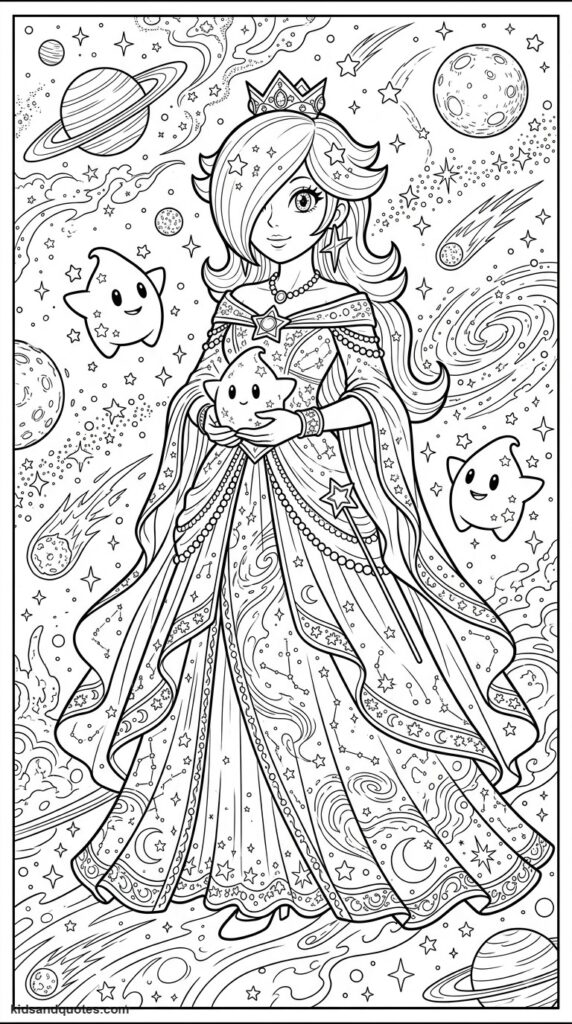 Coloring page of Rosalina portrait in her galaxy gown.