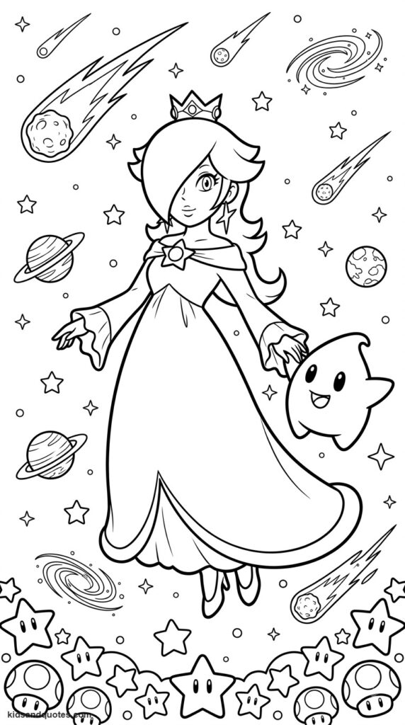 Free printable PDF: Rosalina with a Luma companion.
