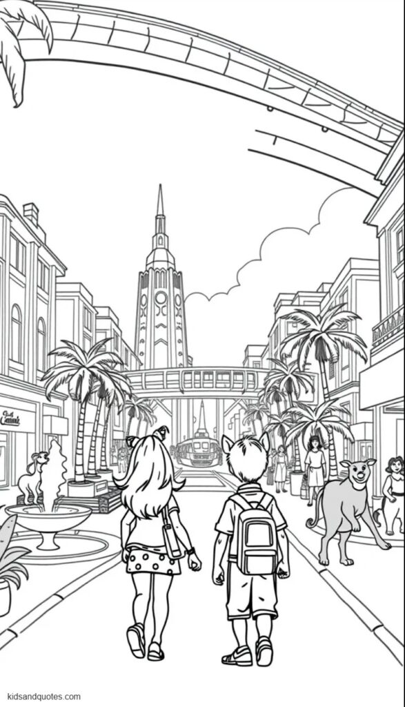 Coloring page of Judy and Nick walking through busy Savanna Central beneath a curved train station. 