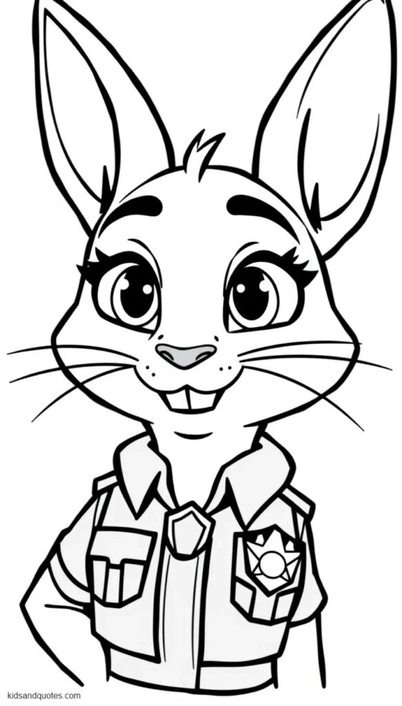 Free printable coloring page of a simple close-up portrait of Judy Hopps facing forward with a warm smile, large expressive eyes and tall ears.