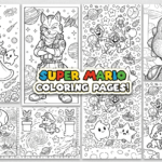 A collage of Super Mario coloring pages featuring Rosalina, Fox McCloud, Yoshi, Toad, and Mario with friends in outer space.