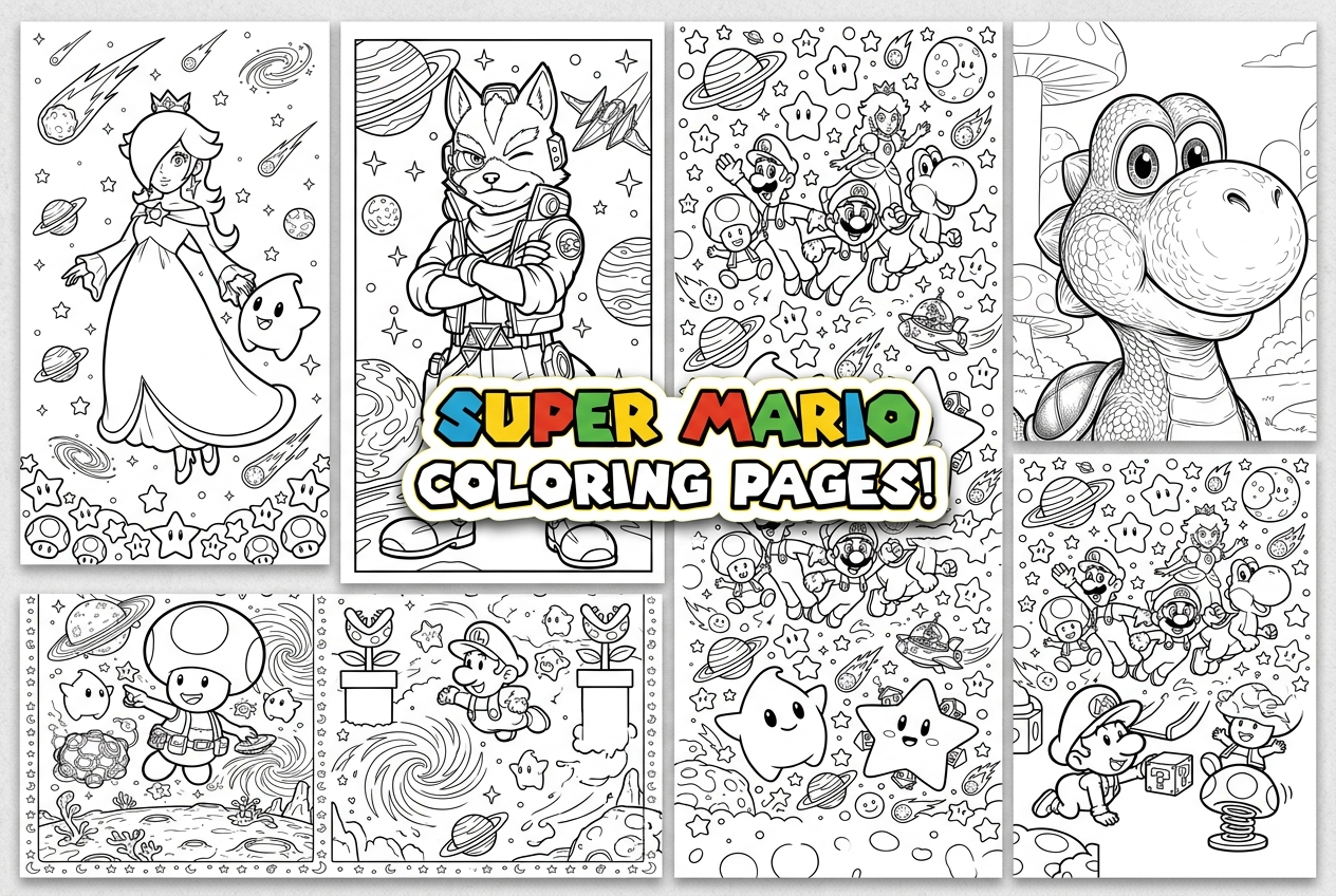A collage of Super Mario coloring pages featuring Rosalina, Fox McCloud, Yoshi, Toad, and Mario with friends in outer space.