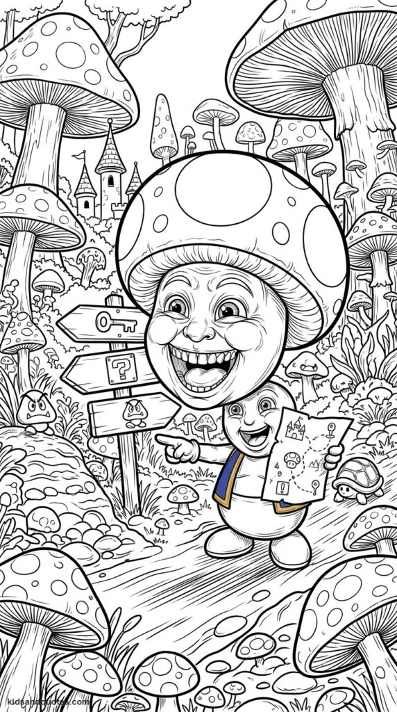 Coloring page of Toad giving directions in the Mushroom Kingdom.
