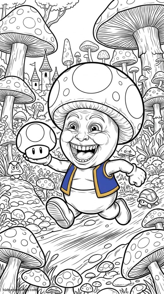 Coloring page of Toad running with a mushroom.