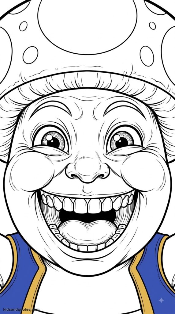 Free coloring page PDF of Toad's happy expression, close-up portrait.
