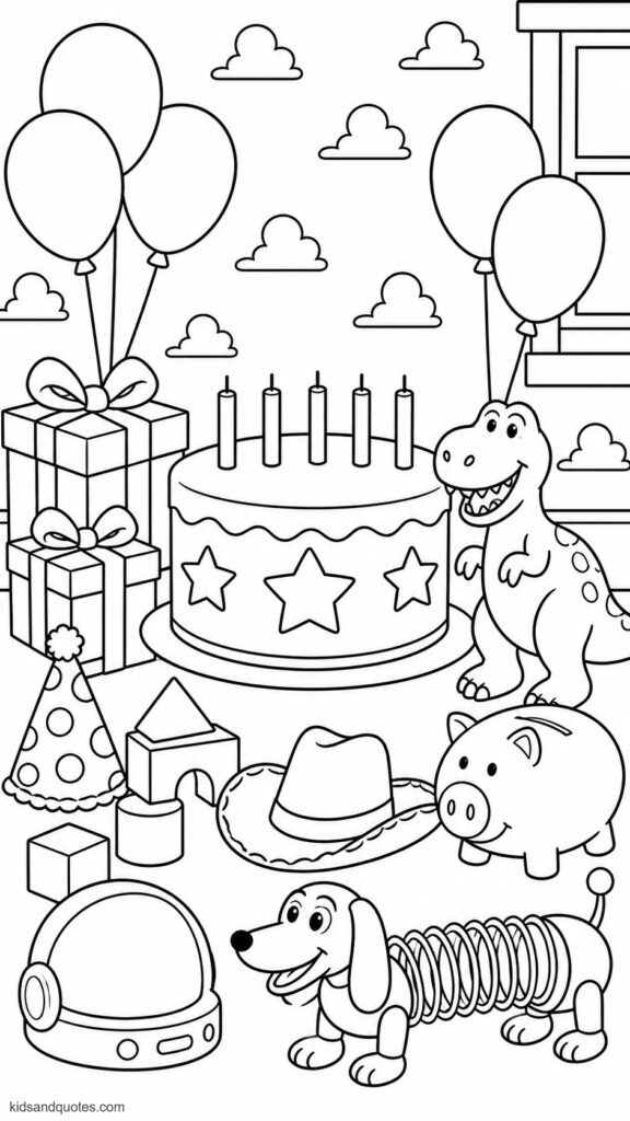 Coloring page of Toy Story birthday party scene.