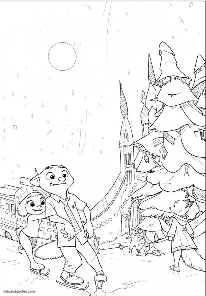 Coloring page of a snowy Tundratown street with Judy and Nick wearing winter accessories while following a trail of footprints.