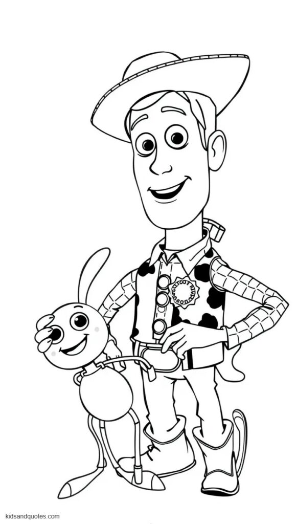 Printable coloring page of Woody helping forky.