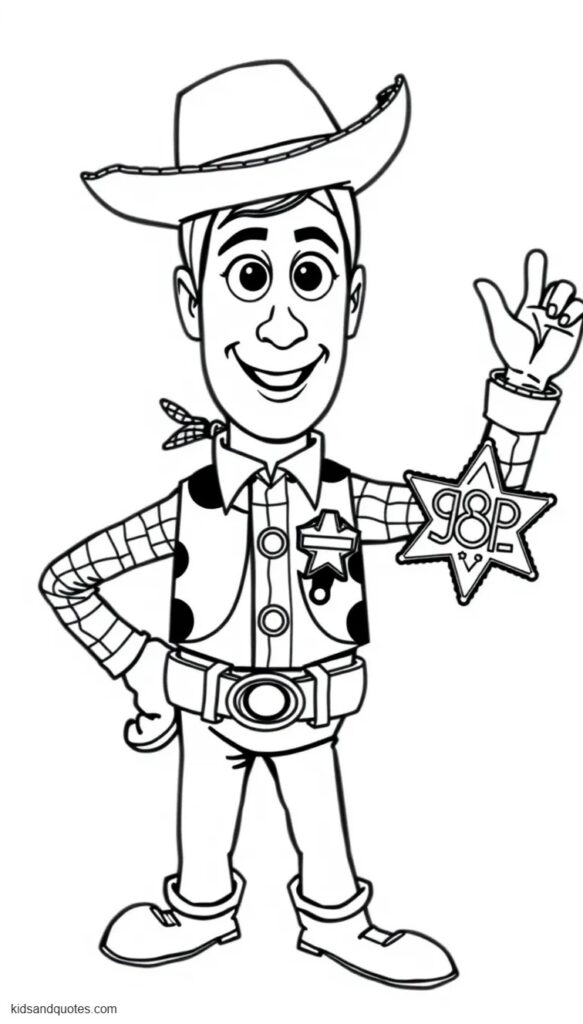 Coloring page of 'Woody showing off his sheriff badge'.