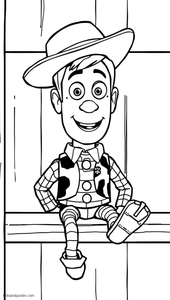 Coloring page of woody sitting on a shelf, waiting to be played with.