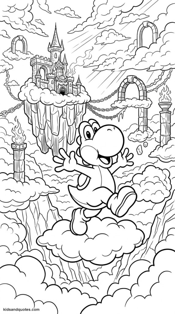 Coloring page of Yoshi jumping happily through the clouds.