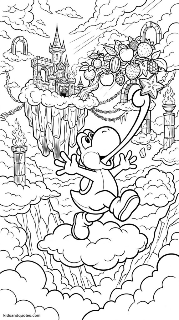 Coloring page of Yoshi reaching for fruit with his tongue.
