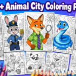 Zootopia coloring pages featuring Judy Hopps, Nick Wilde, Gary the snake, and other animal characters, surrounded by colorful crayons and pencils.