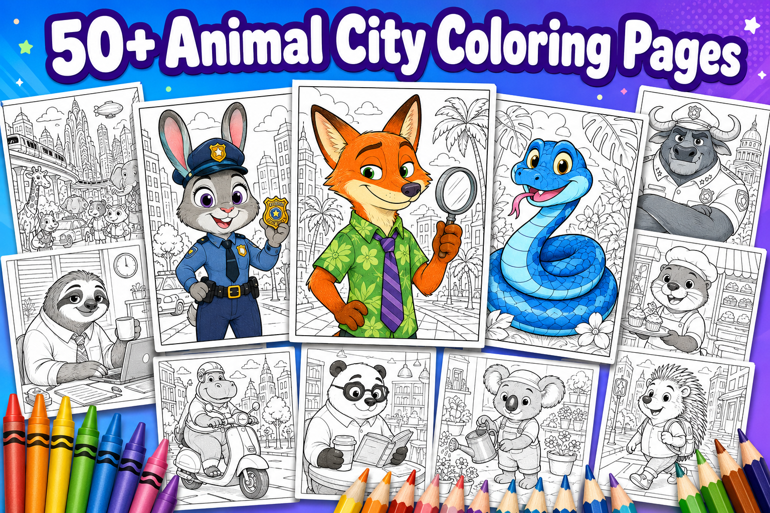 Zootopia coloring pages featuring Judy Hopps, Nick Wilde, Gary the snake, and other animal characters, surrounded by colorful crayons and pencils.