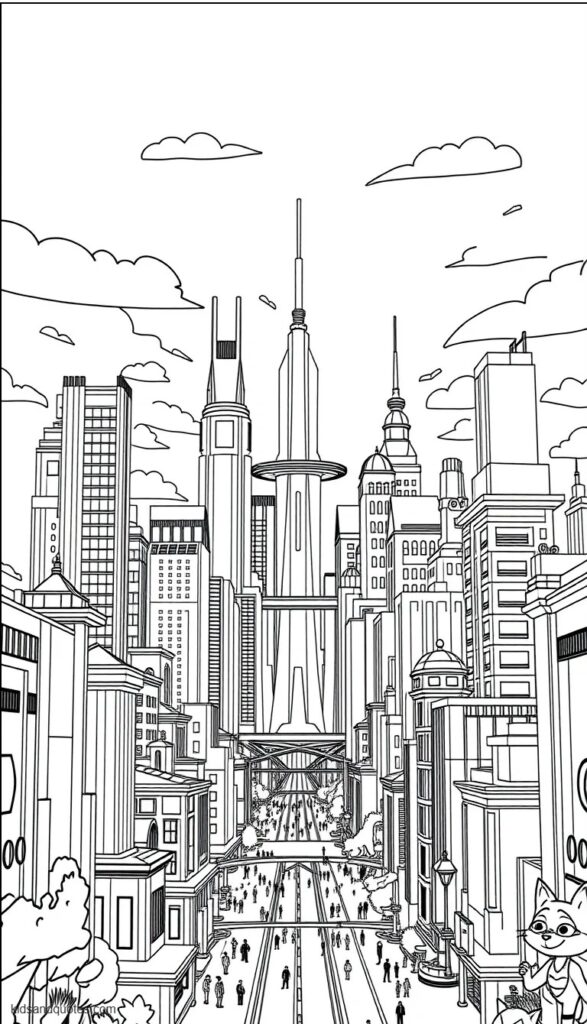 Coloring page of a panoramic vertical view of the Zootopia skyline with towering central buildings, elevated monorails and distinct climate districts rising from bottom to top.