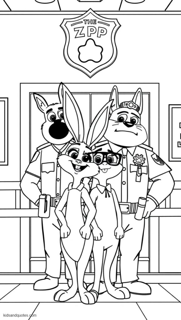 Coloring page of a group portrait of Judy Hopps, Nick Wilde, Chief Bogo and Officer Clawhauser standing together inside the ZPD lobby.