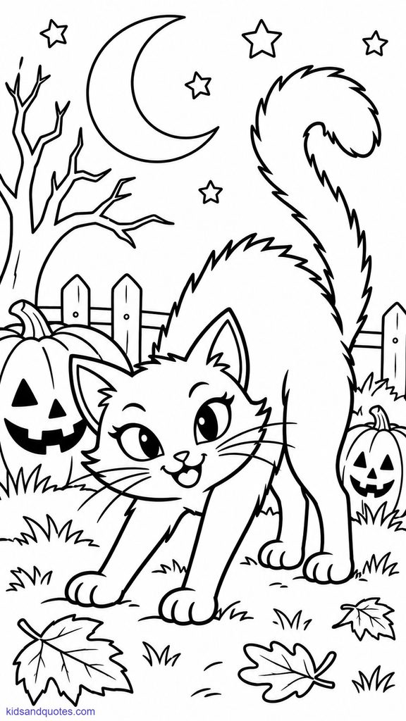 Coloring page of a cat arching.