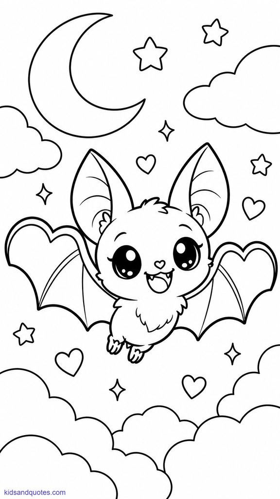 Halloween coloring page: Cute bat, heart-shaped wings.