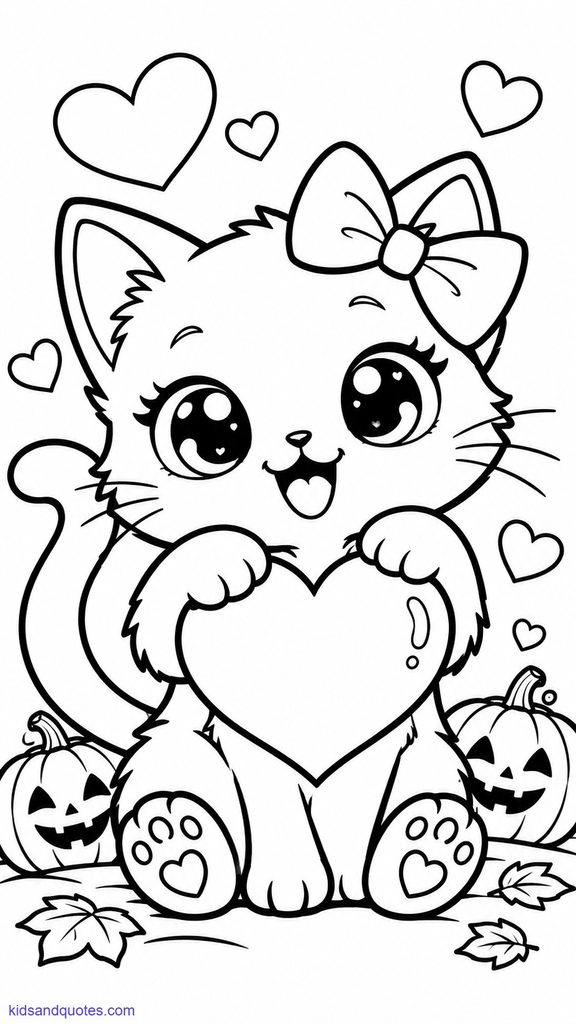 A cute cat with bow tie, sitting beside halloween pumpkins and leaves.