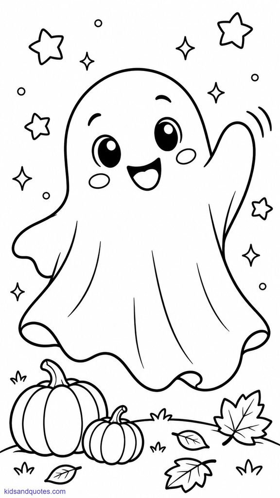 Coloring page: Friendly ghost waving hello.