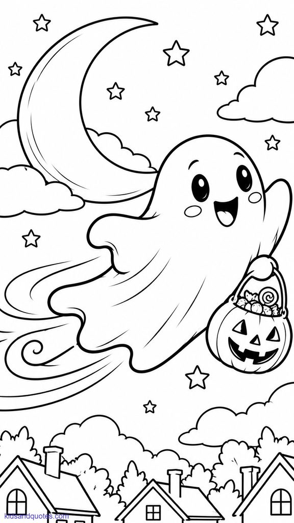 Printable coloring page: Ghost, crescent moon.