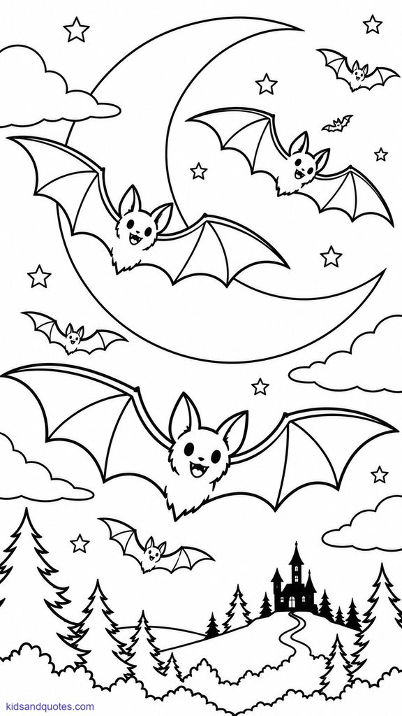 Group of bats flying across moon.