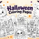 Collage of Halloween coloring pages featuring a smiling pumpkin, friendly ghost, vampire, werewolf, mummy, scarecrow, bats, and a cute spider.