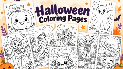 Collage of Halloween coloring pages featuring a smiling pumpkin, friendly ghost, vampire, werewolf, mummy, scarecrow, bats, and a cute spider.