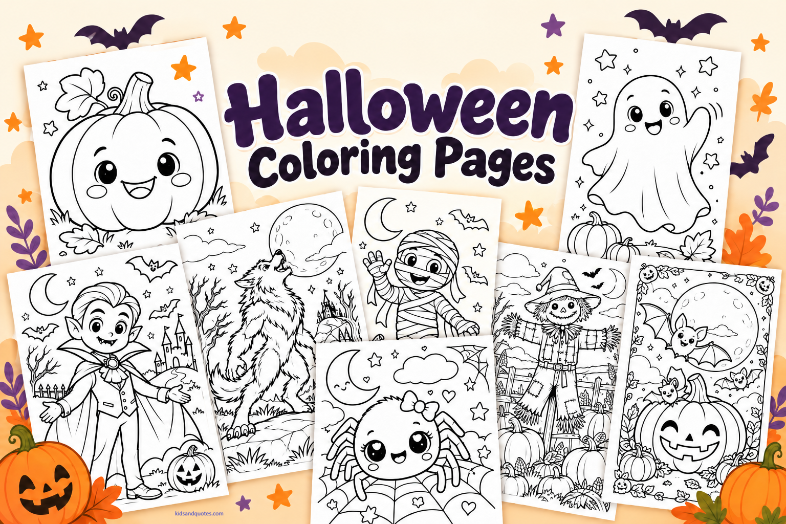 Collage of Halloween coloring pages featuring a smiling pumpkin, friendly ghost, vampire, werewolf, mummy, scarecrow, bats, and a cute spider.
