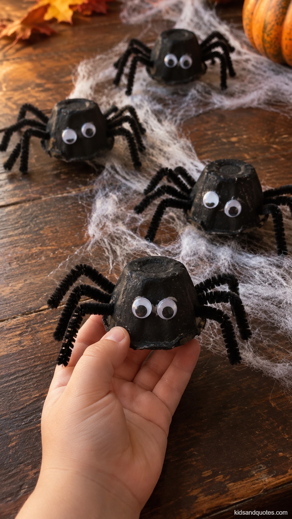 Halloween Craft: Preschooler holding a black-painted egg-carton spider with googly eyes and pipe-cleaner legs above several matching spiders on a fake web.