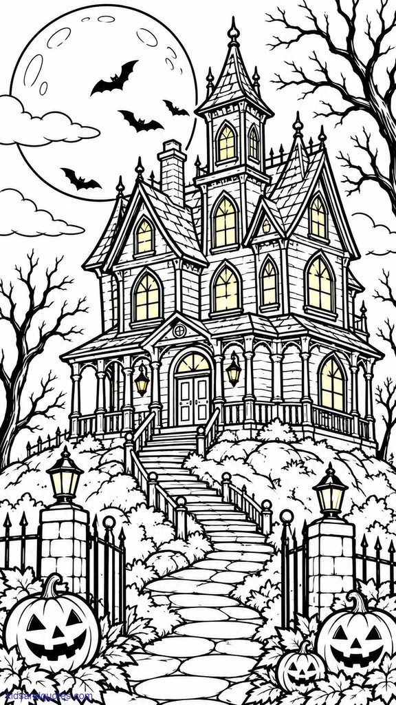 Haunted house, glowing windows.