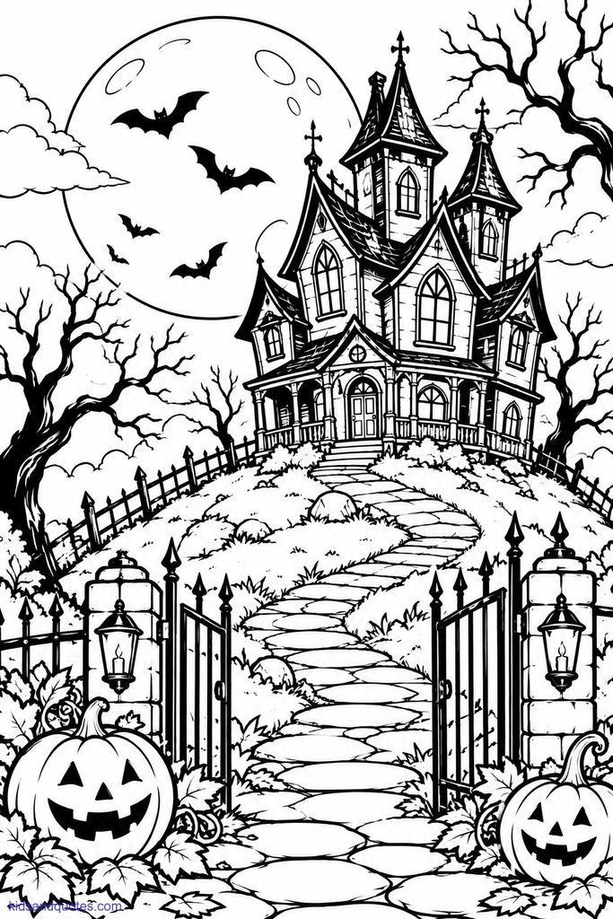 Coloring page of a haunted house, with halloween pumpkins at the entrance.