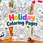 Collage of holiday coloring pages featuring Christmas, Easter, Valentine’s Day, Halloween, Thanksgiving, and birthday-themed illustrations.