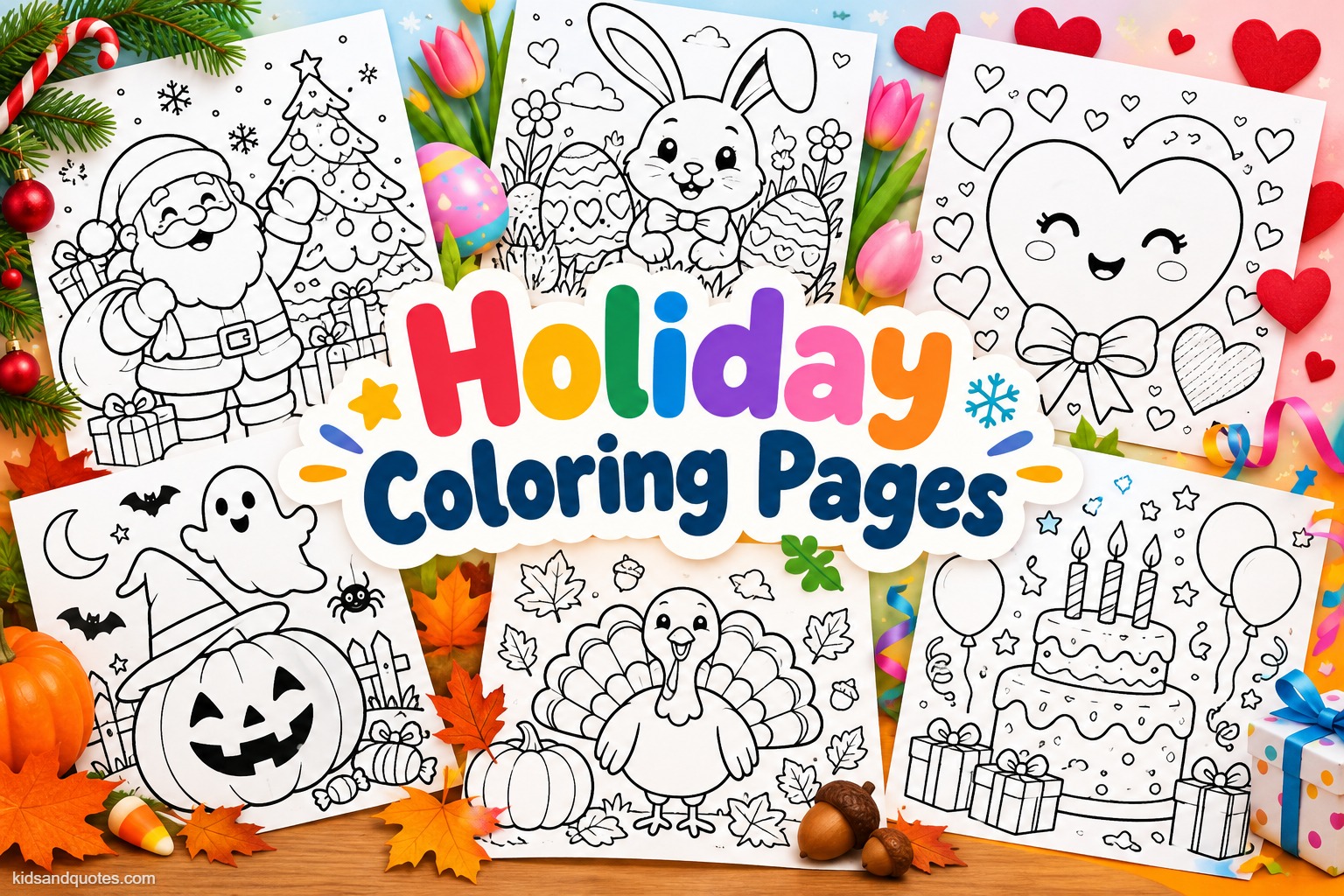 Collage of holiday coloring pages featuring Christmas, Easter, Valentine’s Day, Halloween, Thanksgiving, and birthday-themed illustrations.