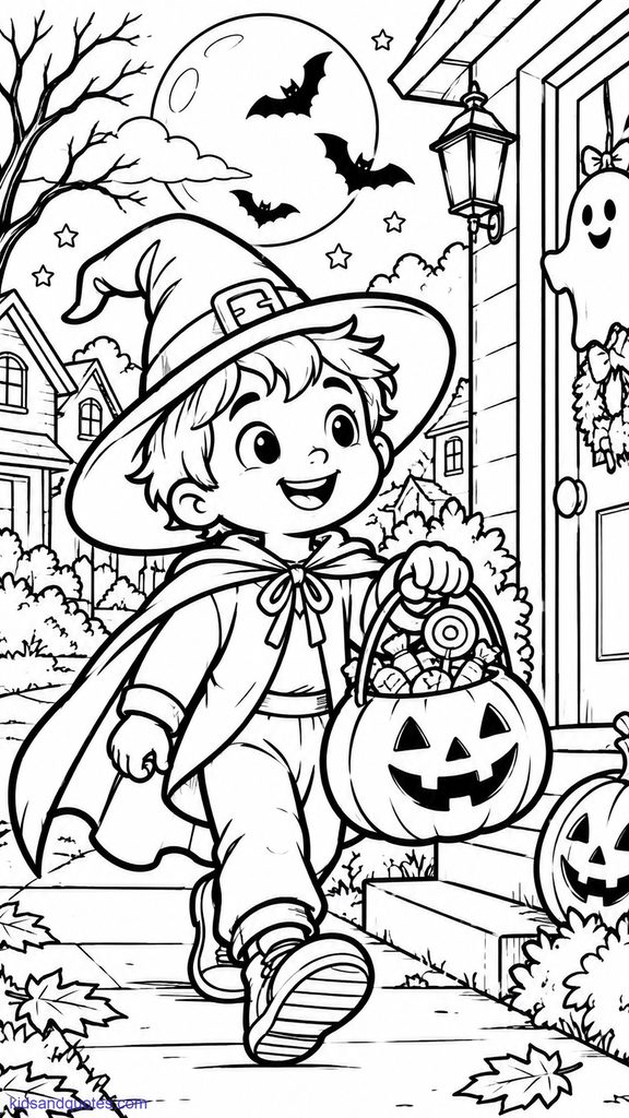Coloring page: Kid in trick or treat costume.