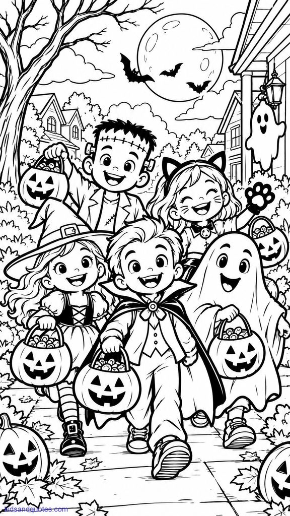 Kids trick-or-treating together.
