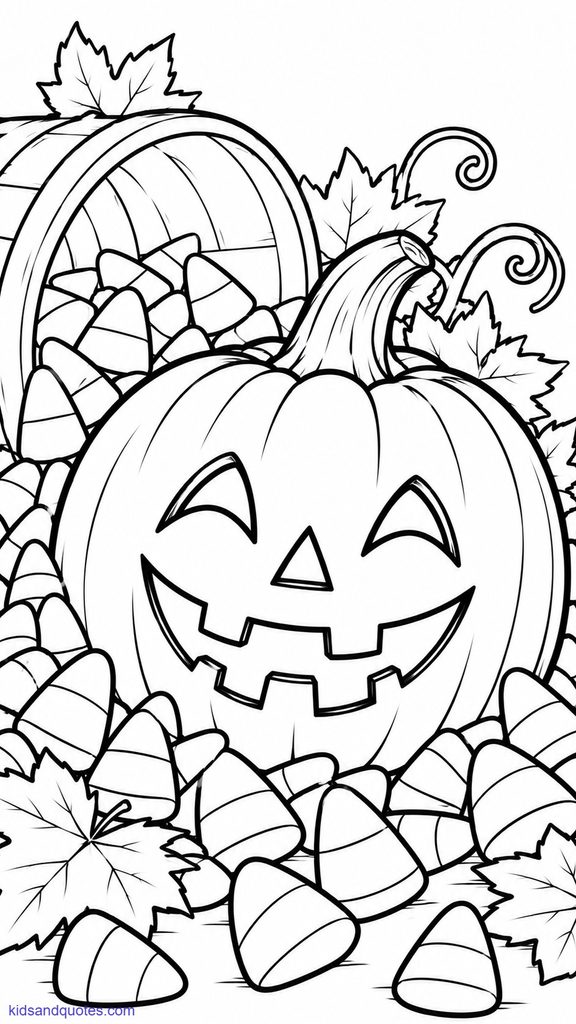 Halloween coloring page for kids: Pumpkin surrounded by candy corn.
