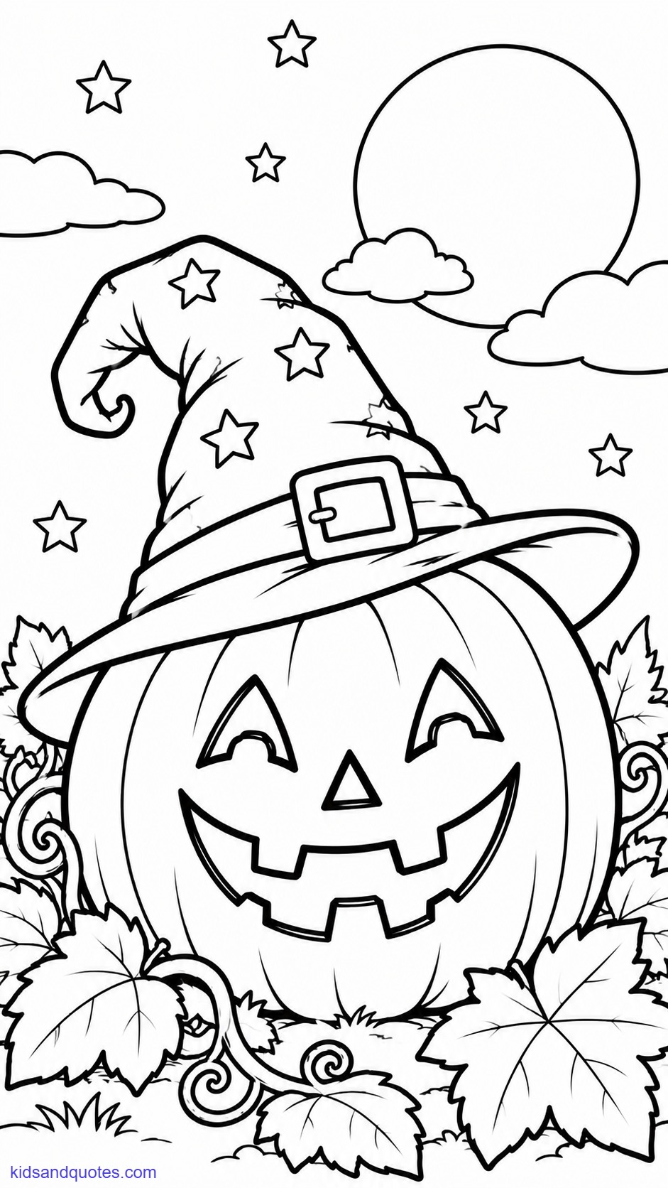 Halloween Coloring Page: Pumpkin wearing witch hat.