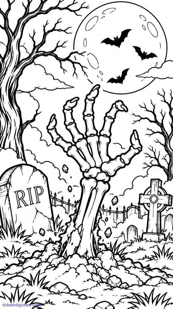 Skeleton's hand rising from below the ground in a cemetery.