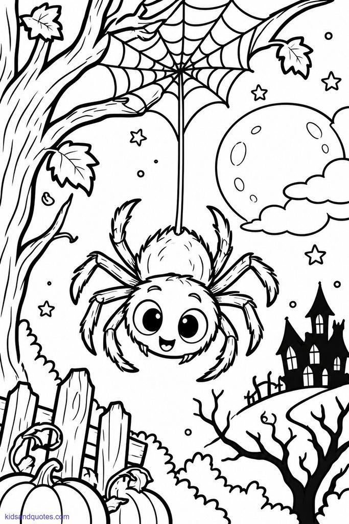 Coloring page of a spider dangling.